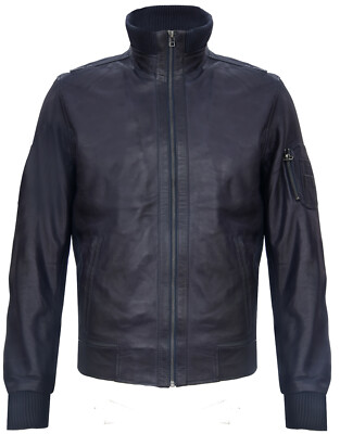 Marineblaue Herren-Bomberjacke aus Nappaleder Slim Fit Varsity