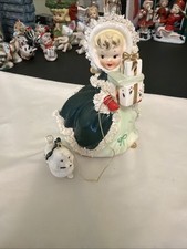 Vintage Napco Christmas Shopper Girl Figurine With Poodle
