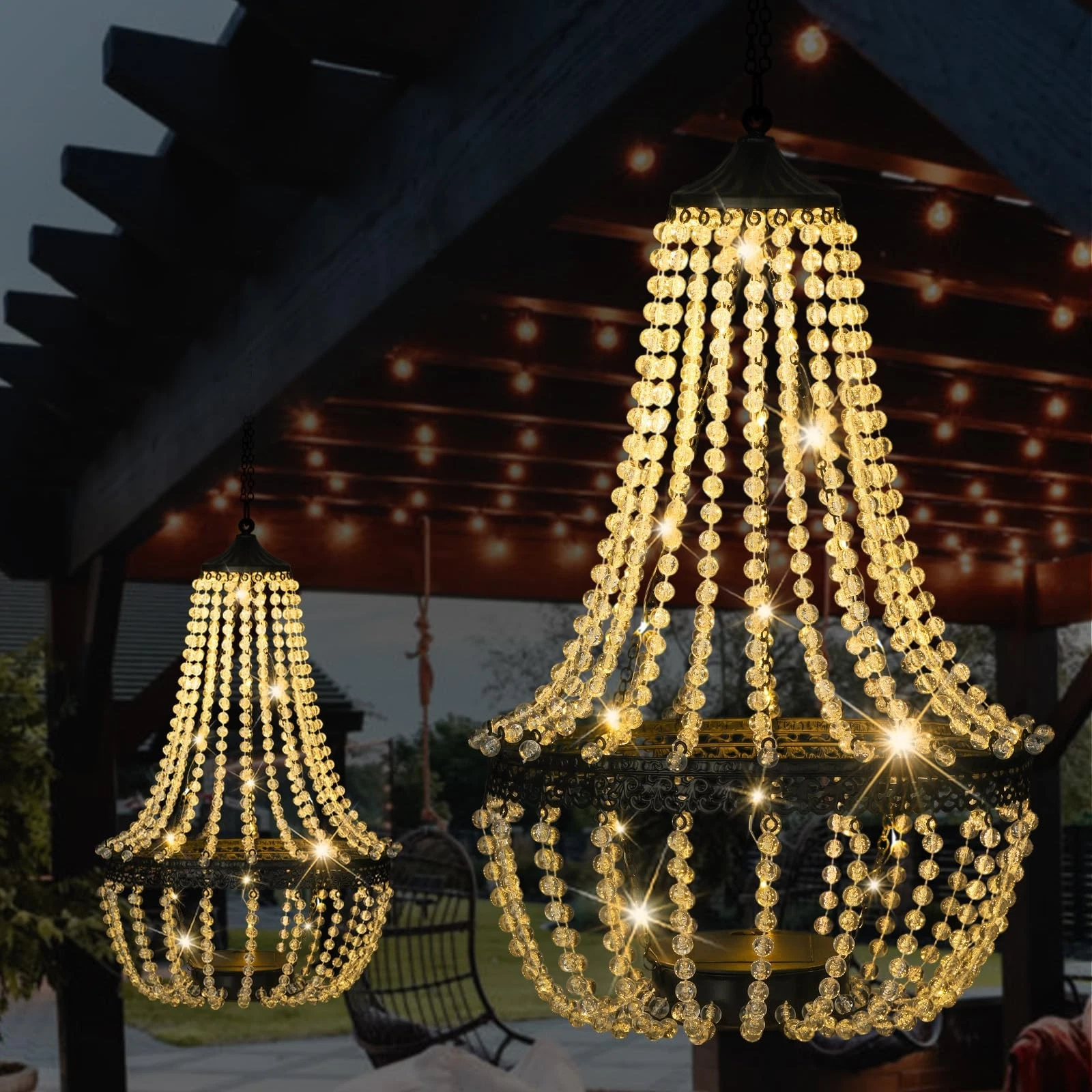 Hanging Solar Chandelier Outdoor, 30 Warm White Lights Acrylic Clear Beaded C...