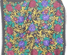 Fringed Scarf Wine Roses Multicolor Floral on Black Drapey Herringbone Silk/Wool