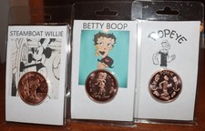 Set of 3 Cartoon 1 oz .999 Fine Coppers, Popeye, Betty Boop and Steamboat Willie
