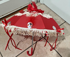 RED Mardi Gras PARASOL - 17" FRINGE, RIBBON  SMALL FACE MASKS-PARADE/COSTUMING