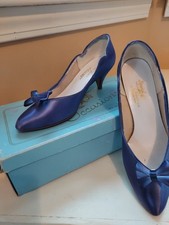 VTG Purple Dyed Satin Heels, Size 7.5, l980s, w/Clip On Bows, Original Box