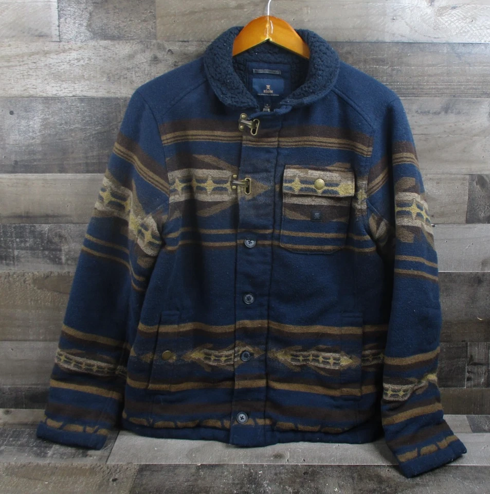 Chaqueta Roark Para Hombre Pequeña Azul Marrón Azteca Sherpa Forrada Mezcla Lana Cierre Exterior Foto 2 de 4