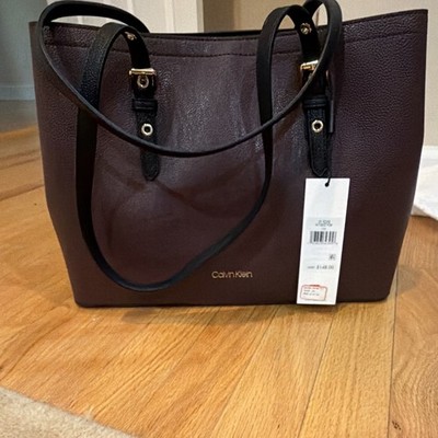 Calvin Klein Pebbled Brown Tote, Black Straps, Gold Hardware, Zip, Lined