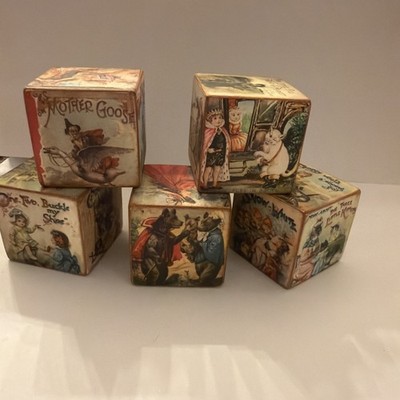 Vintage Styled Nursery Rhyme Building Blocks Baby Nursery Decor Lot Of 5