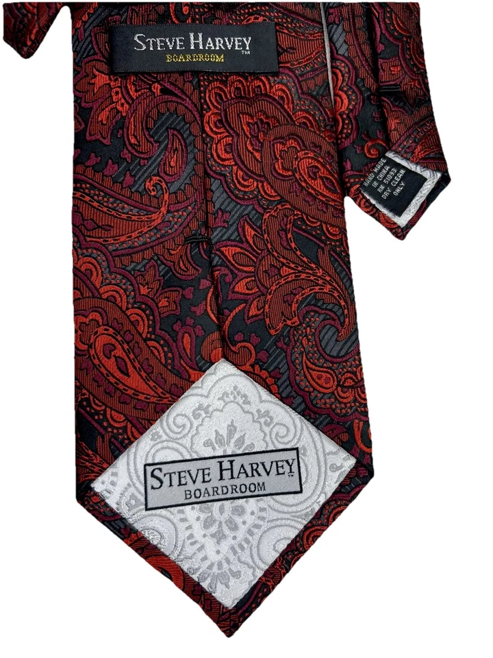 Steve Harvey Boardroom 真丝领带,黑色带红色和轻微勃艮第色,XL — 第 2/3 张图片