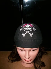 Zan Headwrap Bandanna Womens Head Wrap - Black with Pigtail Skull and Bones