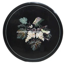 Black Marble Center Top Table Grapes Stone Inlay Marquetry Furniture Decor H3367