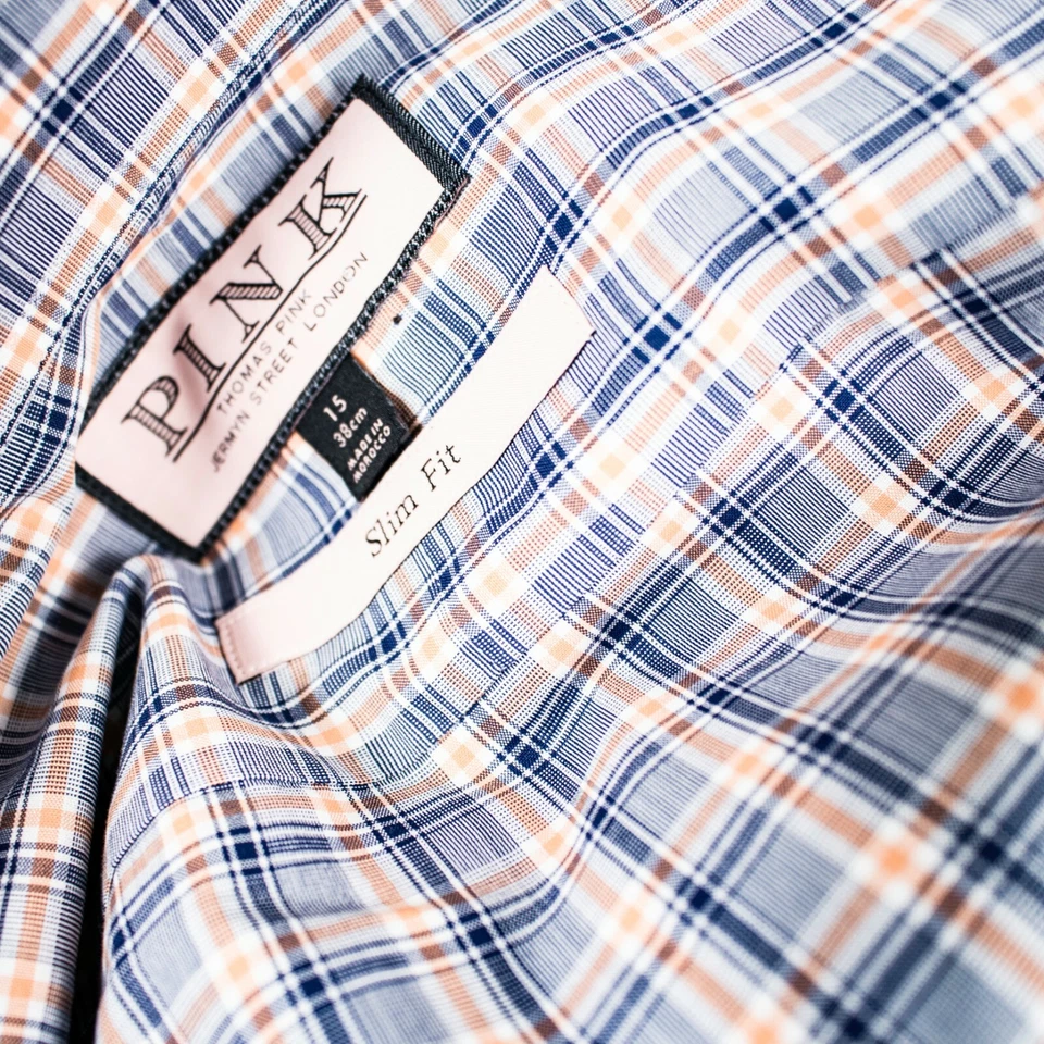 Camisa de vestir THOMAS PINK puños franceses naranja azul blanco a cuadros algodón para hombre talla 15 Foto 3 de 4