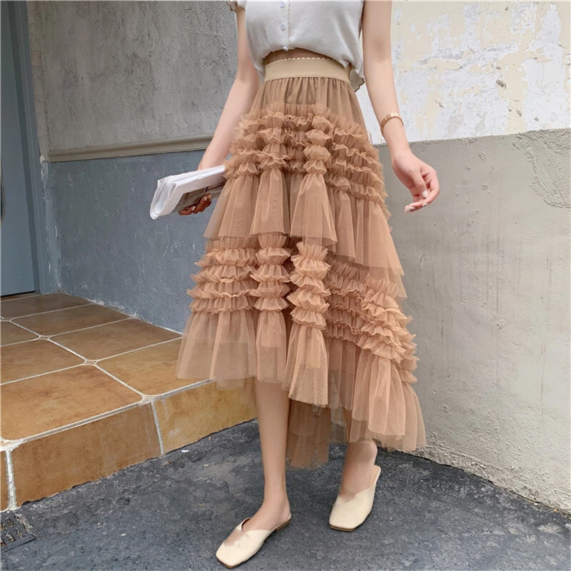 Fashion Lace Ruffles Mesh Skirt Sweet Ladies Girl Midi Ball Gown Tulle Skirt