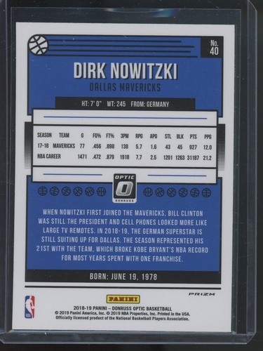 Dirk Nowitzki #40 2018-19 Optic Hyper Pink PRIZM HOF Dallas Mavs FREE Shipping - Picture 2 of 2