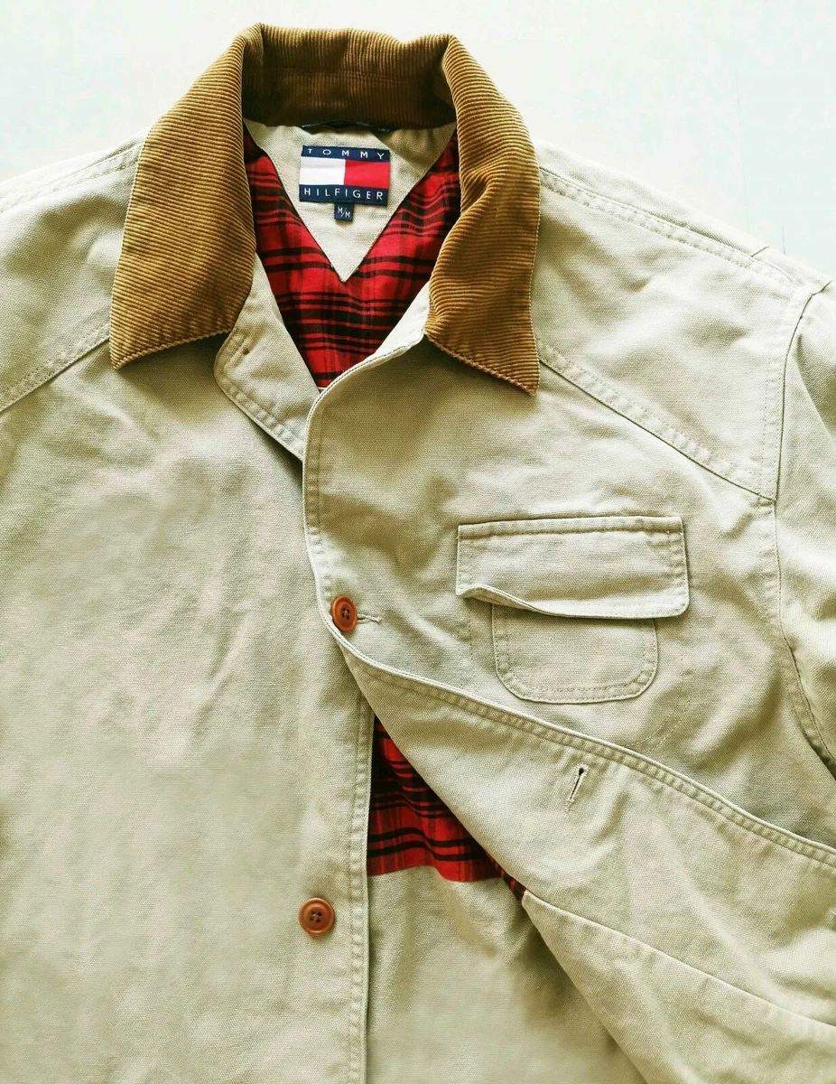 HOT VTG 90 s Men TOMMY HILFIGER CHORE PLAID LINED KHAKI COAT JACKET M Fit L XL