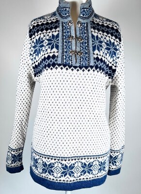 Women's Wool Sweater Skyr Fair Isle Winter Theme PL Petite Blue White Navy