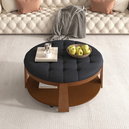 Modern Large Round Ottoman Coffee Table 2-Tier Tufted w/Wood Shelf, Wheels&Linen - Picture 29 of 47