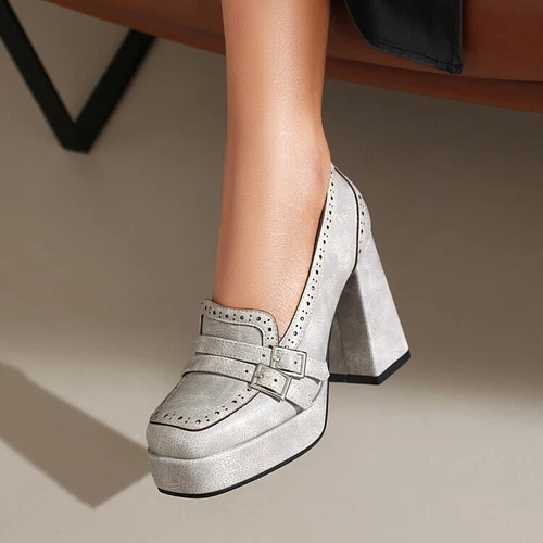 Retro Womens Leather Square Toe Pumps Chunky Block Heels Platform Shoes Loafers - Picture 11 of 20