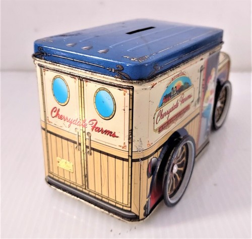 Vintage Cherrydale Farms Delivery Truck Tin Box Coin Bank with Rotating Wheels - Picture 3 of 3
