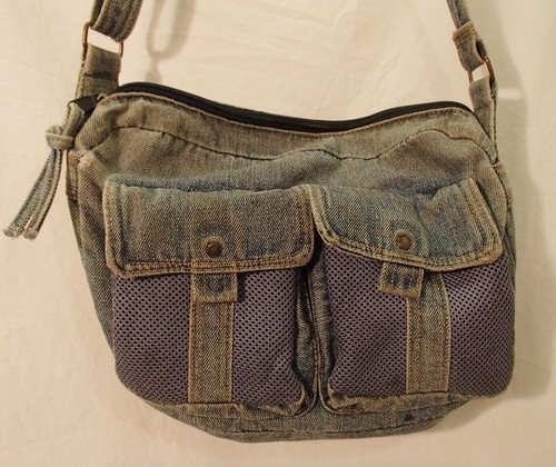 Boho Faded Denim Blue Jeans Handbag Shoulder Purse Bag 10" x 7" x 3" - Picture 2 of 6