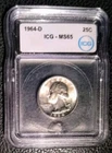 1964 D 25c Washington Quarter (SILVER), ICG MS65