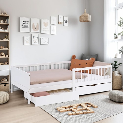 Kinderbett 90x200 cm Weiß Grün 2 Bettkästen Rausfallschutz Matratze Homestyle4u - Bild 3 von 36