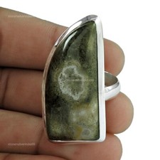 Ocean Jasper Stone Solid Silver Birthday Cocktail Bezel Statement Ring Size 7.5