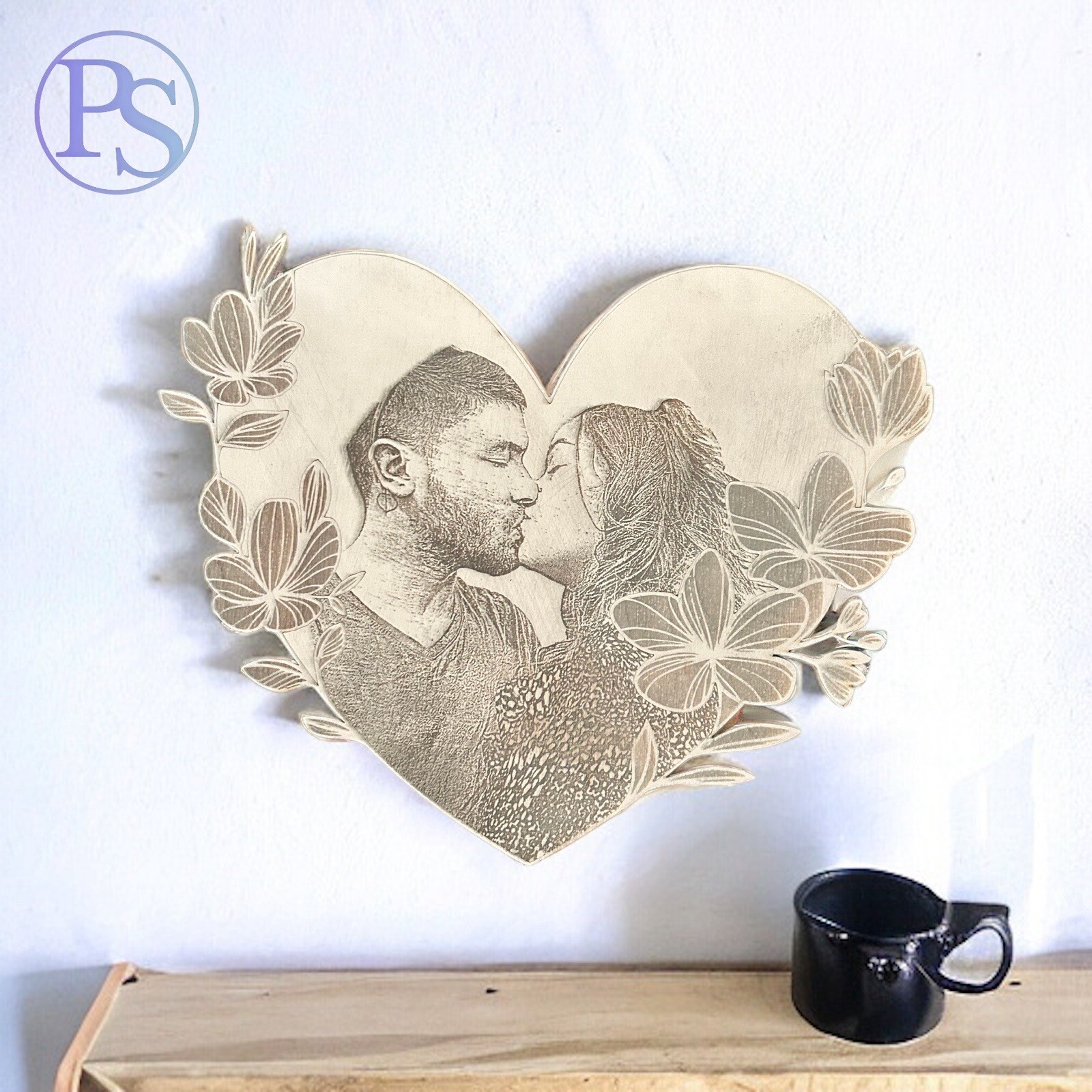 Gravure personnalisé photo en forme de cœur en plexiglas transparent pour portrait