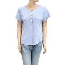 Pilcro Anthropologie The Andie Ribbed Henley Blouse Top Short Sleeve XL 280155