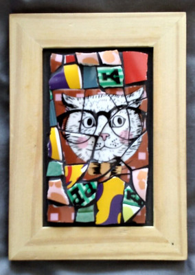 Einzigartiges handgefertigtes Katzenbild, Pique Assiette, Memory Ware, China. Mosaik Wandbild