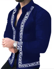 Button Up Shirt Baroque Long Sleeve Down Navy Blue White Trim Fashion Soft Dress