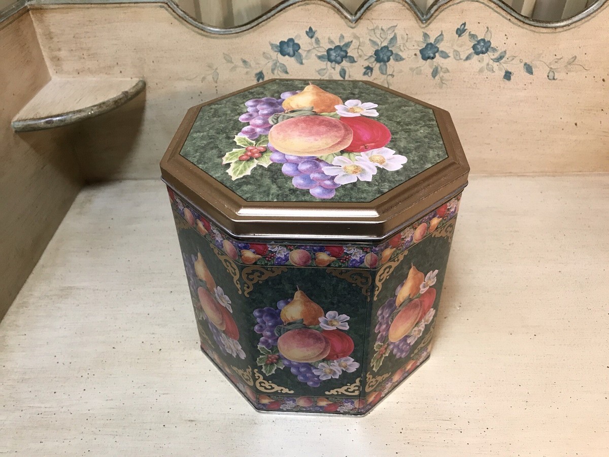 Vintage Hexagon Shaped Cookie Candy Storage Tin W/ Fruit Design