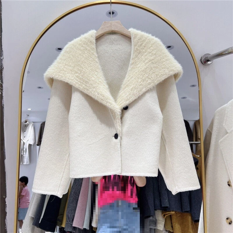 OFF WHITE 2024 Nuovo Cappotto Lana Doppio Lato Collo Pelliccia Flip Donna Bottoni Corto Lana