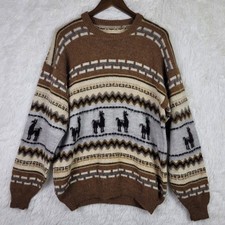 Large Brown Alpaca Wool Fair Isle Crewneck Sweater Soft Fuzzy Mocha
