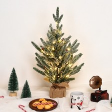 2Ft Pre-Lit Tabletop Mini Christmas Tree Snow Pine with 50 LED Lights Pinecone