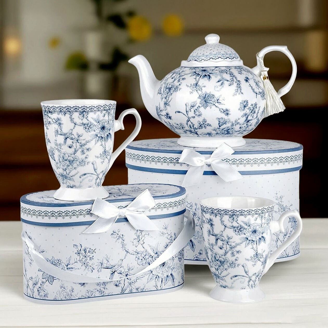 1-qt Blue Flowers Bone China Teapot in Gift Box Blue and White Porcelain Tea Pot