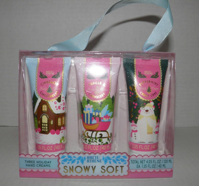 Arete Athene Snowy Soft Holiday Hand Cream Set of 3 Christmas 1.35 oz Each NIP