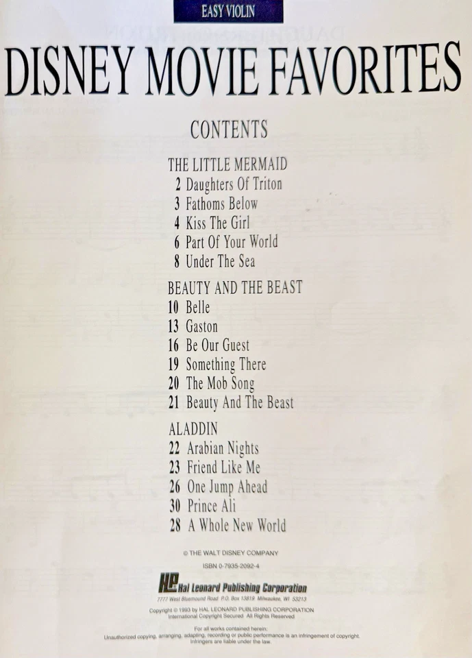 Easy Violin DISNEY MOVIE FAVORITES Sheet Music 28 Songs ALADDIN LITTLE MERMAID - Image 3 of 4