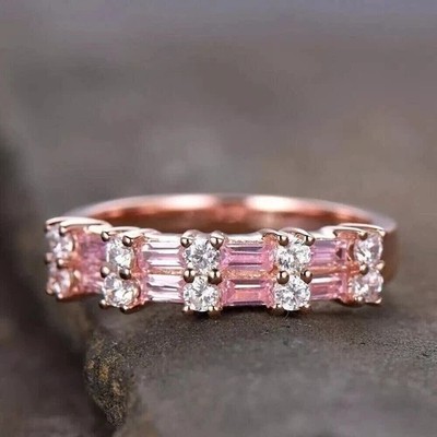 Wedding Band Ring 2Ct Emerald Cut Simulated Pink Sapphire 14k Rose Gold Plated
