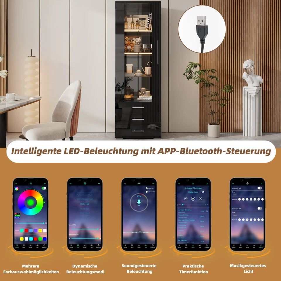 Hochschrank Vitrinenschrank Vitrine m/ LED Glasvitrine Schrank Hochglanz Schwarz - Bild 3 von 4