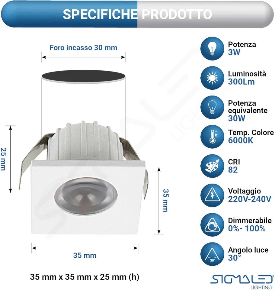 , MINI SPOT LED 3W, Dimmerabile, 300Lumen, Luce Fredda 6000K, Faretto QUADRO Inc - Immagine 2 di 4