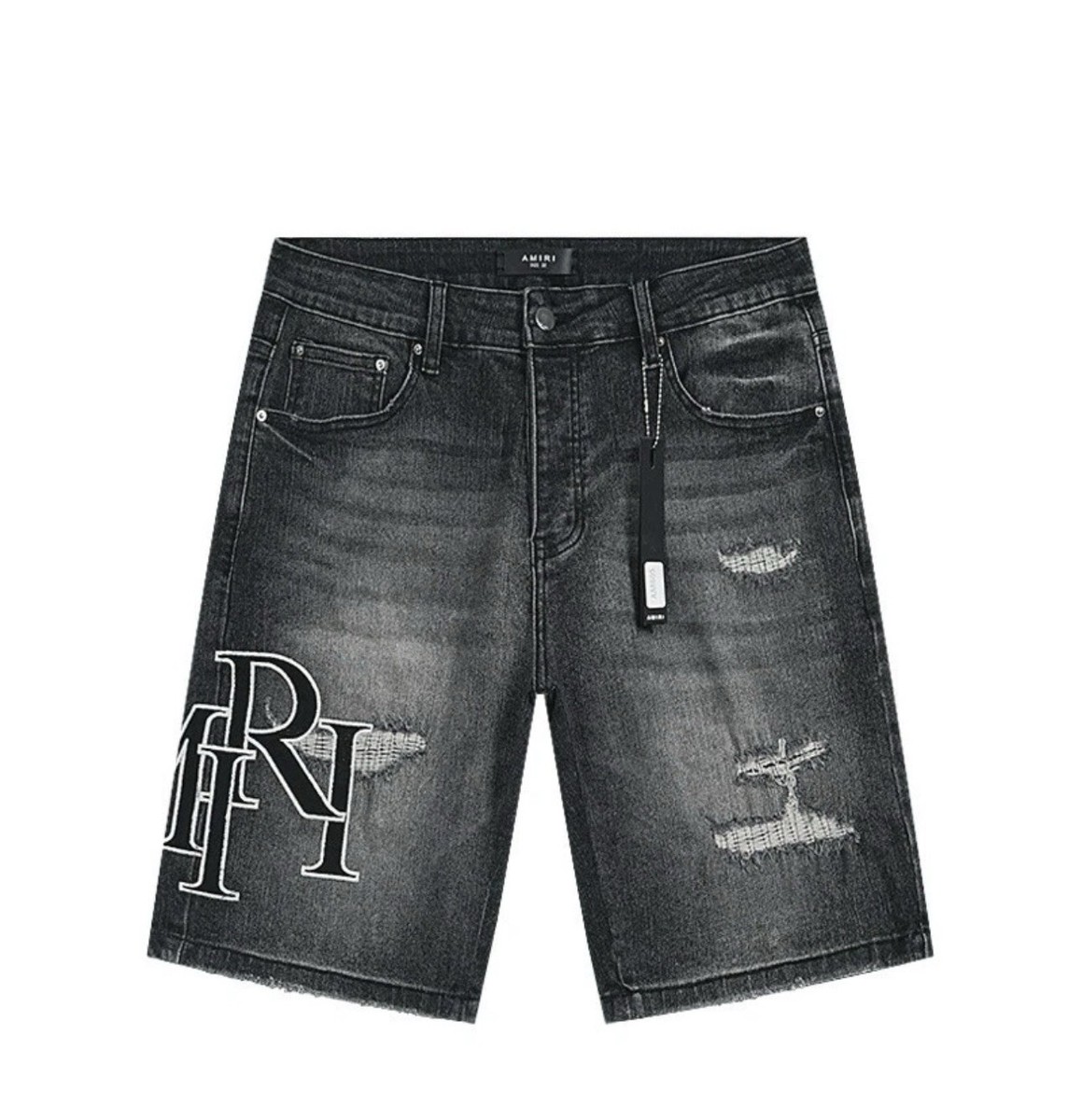 NEW Amiri Distressed Black Denim Jorts Embroidered Logo Size 32 | eBay