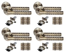Knurled Door Handles Hex Cut T-Bar 4 Set with Latch and Hinges Antique Brass