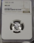 1931 D US Mercury Silver Dime 10c NGC MS64