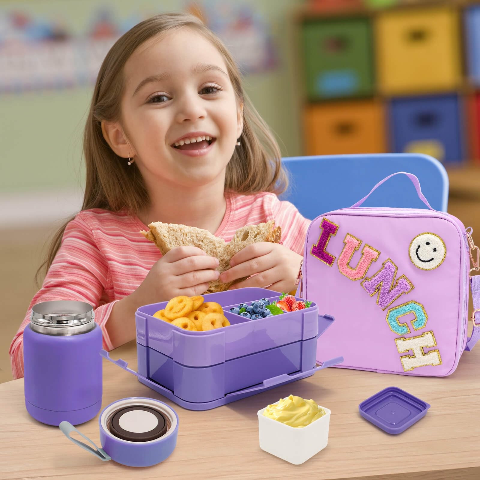 Preppy Lunch Box for Girls with 10oz Thermo, with 6 Compartment Bento Box, Pu...