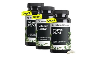 3 x natural elements Vitamin D3 + K2   99,7% all-trans MK-7 & 2000 IE Vitamin D3