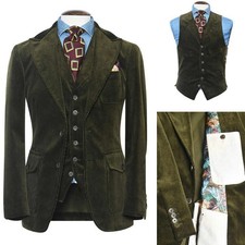 Army Green Corduroy Suits for Men Custom Made Rerto 3 Pieces Outfits Classic Fit