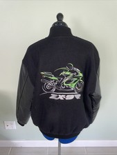 Vtg Team Kawasaki Motorsports Black Wool Black Leather Letterman Jacket SZ M