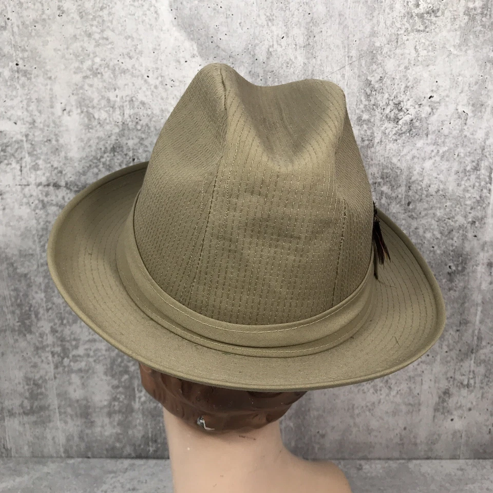 VTG STETSON Fedora Hat Waxed Cotton Tin Cloth Tan Grey W/ Feather 21.25” - Image 3 of 4