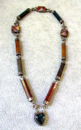 Antique Scottish Necklace Multicolor Agate & Silver Heart Padlock Choker 16" - Picture 2 of 14