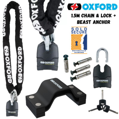 Oxford XC13 Hardcore Ketten-Vorhängeschloss 1,5 m + Beast Anker Motorrad Sicherheitspaket