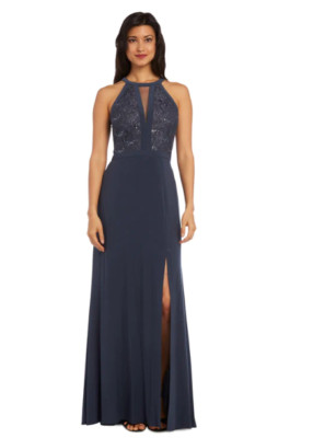 NWT NIGHTWAY Halter Sequin Gown W/ Slit Sleeveless Style 21434 Charcoal Size 14